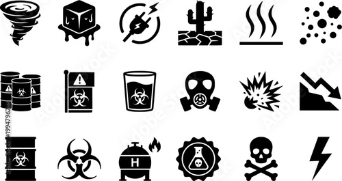 Global Climate Change and Environmental Monitoring Ultra-Minimalist Monoline Geometric Line Art Icons for Professional Data Visualization.
