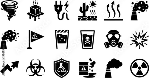 Global Climate Change and Environmental Monitoring Ultra-Minimalist Monoline Geometric Line Art Icons for Professional Data Visualization.
