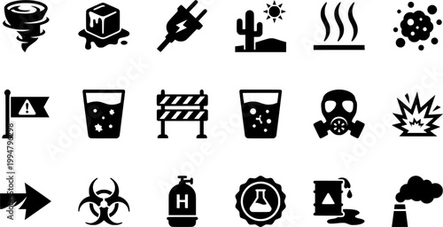 Global Climate Change and Environmental Monitoring Ultra-Minimalist Monoline Geometric Line Art Icons for Professional Data Visualization.
