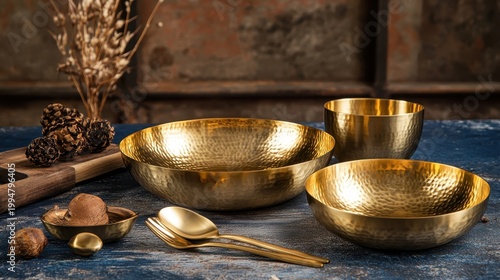 Elegant Gold-Plated Hammered Tableware Set for Luxurious Dining and Serving