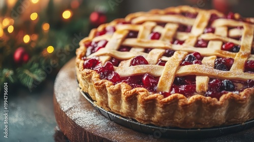 Freshly baked cherry pie with lattice crust cooling on a rustic wooden board, perfect for Christmas gatherings.