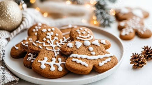 Festive Gingerbread Christmas Cookies Decorated with White Icing on a Plate