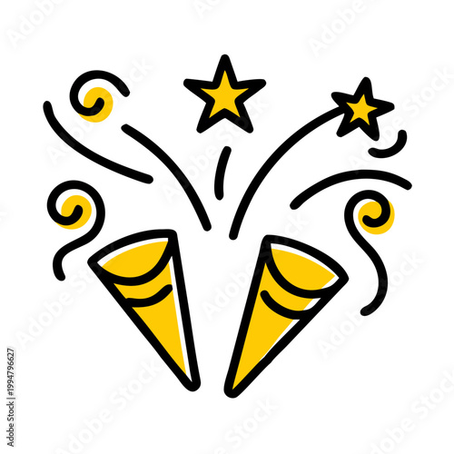 Party poppers icon set with yellow celebration confetti and stars on transparent background.