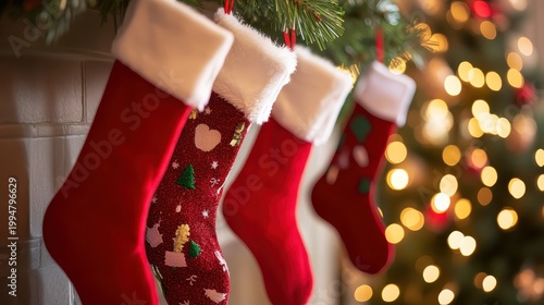 Four Red Christmas Stockings Filled with Small Gifts Hanging on a Mantle with Warm Bokeh Lights