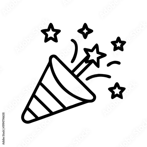Party horn icon with bursting stars and confetti in simple black line art on checkered pattern.