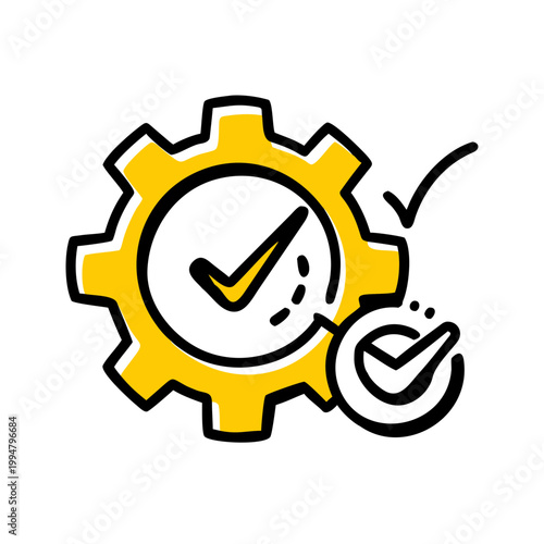 Gear with check mark icon representing quality assurance and industrial optimization vector.