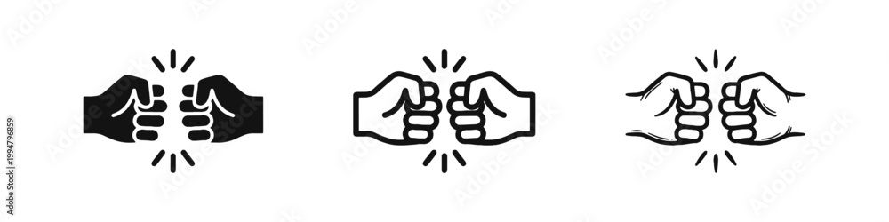 Obraz premium Fist Bump Icon Set Symbolizing Teamwork and Success in Three Different Graphic Styles