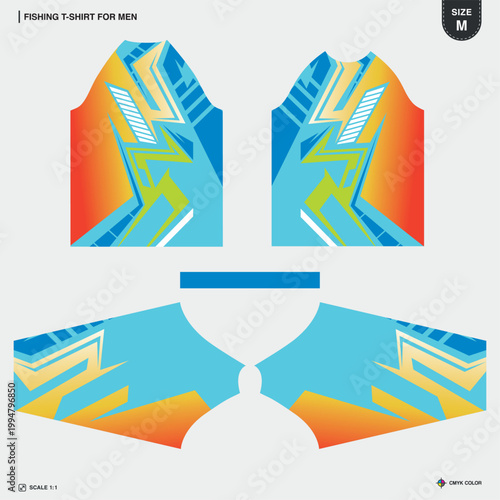 Mens Raglan Fishing T-Shirt Sublimation Jersey Print Template Blue Orange Dynamic Geometric Pattern