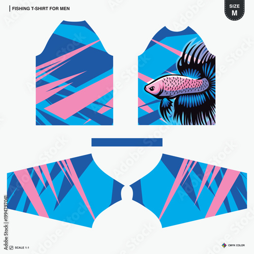 Mens Raglan Fishing T-Shirt Sublimation Jersey Print Template Pink Blue Abstract Wavy Pattern Fish Illustration