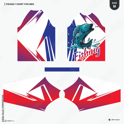 Mens Raglan Fishing T-Shirt Sublimation Jersey Print Template Red White Navy Blue Geometric Pattern