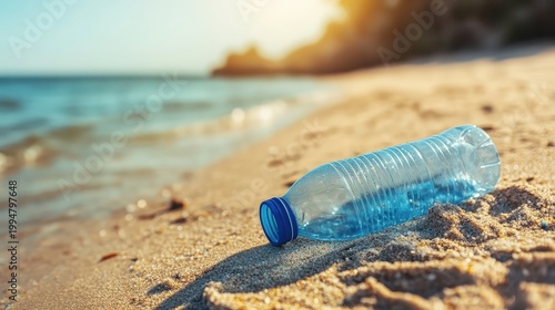 Plastic bottle littering a sunny beach with harsh sunlight illuminating the sandy shore and ocean waves