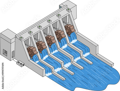 Technology dam in a power plant harnesses flowing waters energy. Suitable for renewable energy, future technology, hydroelectric power concepts.