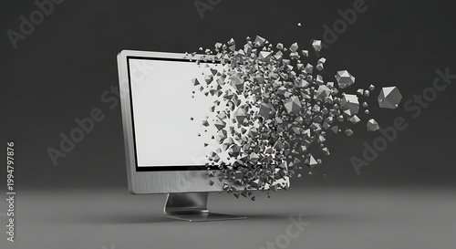 Computer Screen Dissolving into Cubes on a Dark Background.