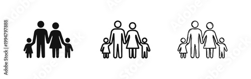 Family Icon Set with Parents and Two Children in Solid, Outline, and Hand-Drawn Styles