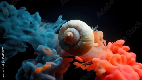 A white seashell is engulfed by vibrant orange and teal, creating a smoky, ethereal, and artistic atmosphere