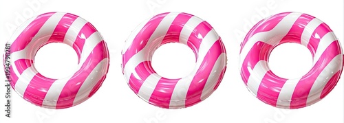 Three pink and white striped inflatable pool floats on a white background