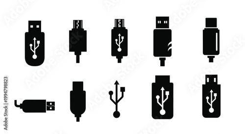 Various usb connector types displayed in a black silhouette high quality