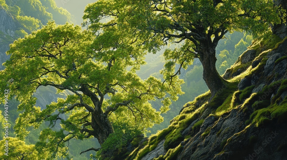 Fototapeta premium Ancient Majestic Trees Standing Tall in Sunlit Mountain Terrain, a Serene and Mystical Natural Landscape