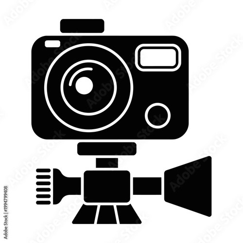 Vector graphic of a camera mounted on a tripod for stable photography and videography use.
