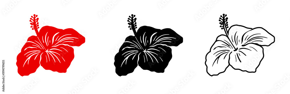 Naklejka premium Silhouette tropical black hibiscus vector flowers set. Floral monochrome illustration decal, decor, clipart, poster, sticker, template. Tea hibiscus.