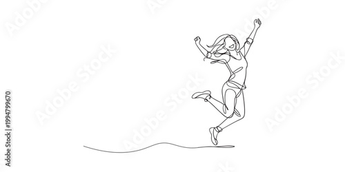 Simple line drawing of a joyful woman celebrating achievement isolated on white background
