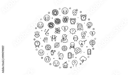Creative stress concept outline icons circular layout thin line editable stroke mental pressure vector set