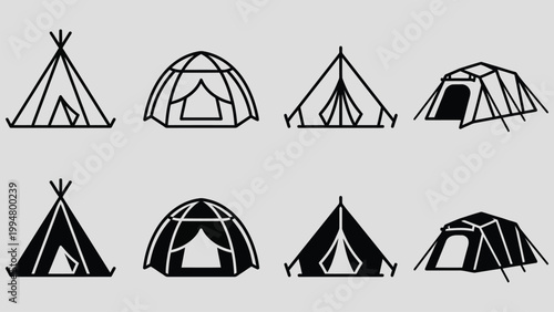 Camping tent icon set. Hiking camp vector graphic. Campground indicator. Shelter symbol.