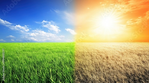 Contrast between vibrant green grass under a blue sky and parched dry wheat under a bright orange sun, symbolizing climate change