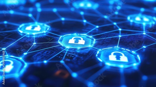 Glowing cybersecurity network with lock icons and dynamic blue lighting on a dark background, symbolizing data protection and digital security.