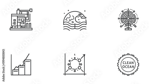 Clean Ocean Initiatives: A collection of simple, yet elegant monochrome icons symbolizing the concerted effort to safeguard and restore marine environments.