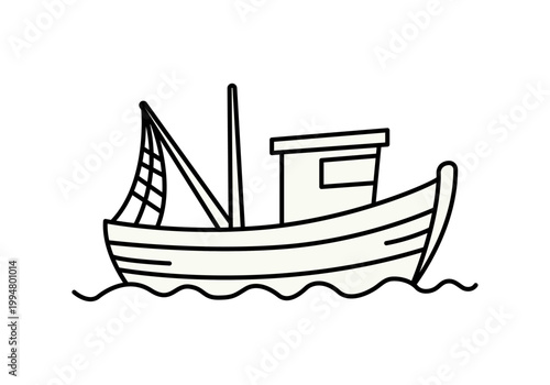 Icono lineal de un barco de pesca navegando sobre las olas