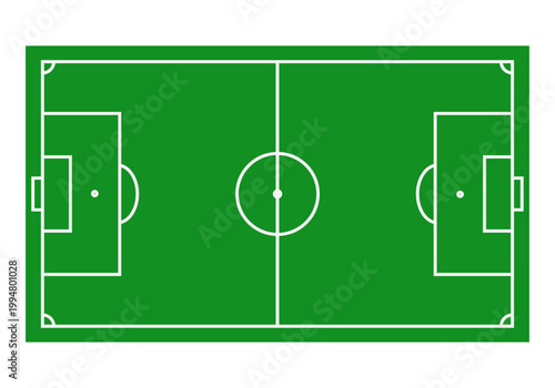Tableau sur toile Campo de fútbol verde con líneas blancas desde una perspectiva cenital