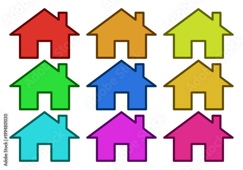 Conjunto de iconos de casas de diferentes colores con contorno negro