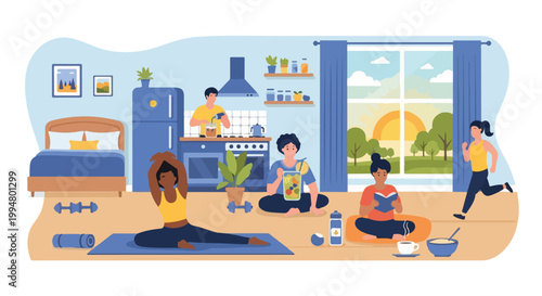 Diverse group of people enjoying healthy lifestyle activities at home, including yoga, reading, and cooking.