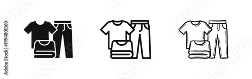 Clothing laundry icon set with t-shirt folded clothes and pants in glyph outline and doodle style