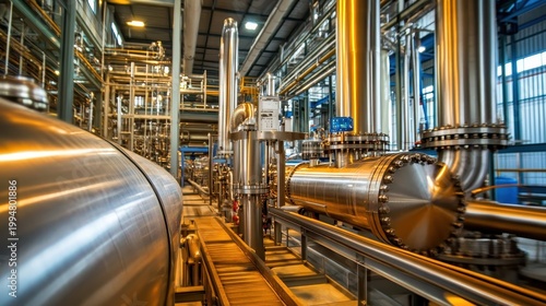 Industrial chemical processing plant interior with intricate pipework and advanced machinery