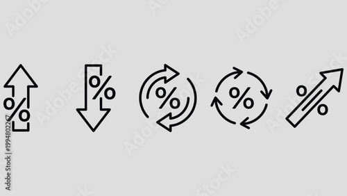 Arrow icon. Linear up, down and curved arrows with percent marks showing rate growth and decline vector graphic. Finance trend movement, market change analysis and economic data direction indicator.