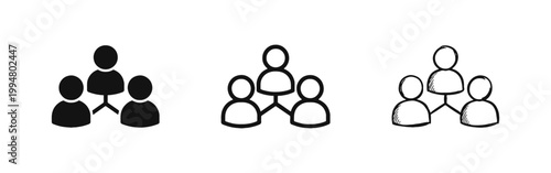 People network or team hierarchy icon set in black glyph outline and hand drawn sketch styles