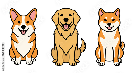Cute Domestic Dog Breeds Illustration Set with Corgi Golden Retriever and Shiba Inu Sitting and Smiling Pets Character Animal Graphic Design Vector