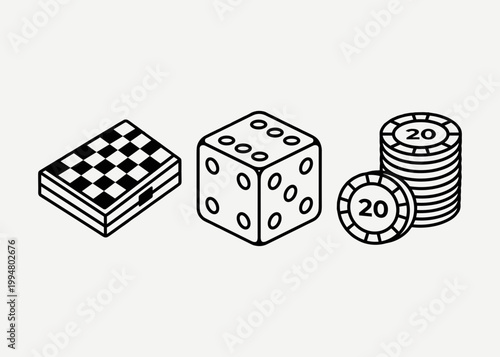 Board Game and Gambling Icons with Checkerboard Box, Game Dice and Stack of Casino Chips Isolated on White Background Vector Illustration Set