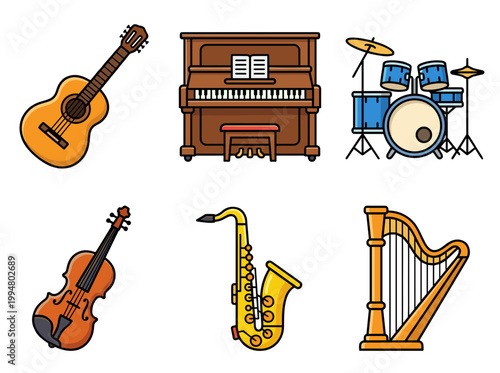 Musical Instruments Collection with Acoustic Guitar, Piano, Drum Kit, Violin, Saxophone and Harp Isolated on White Background Vector Graphics