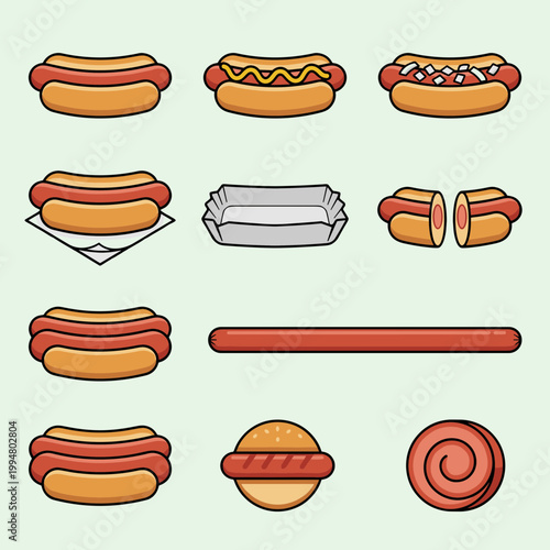 Hot Dog Vector Icons Set with Mustard Onions Toppings Bun and Long Sausage Isolated on Light Background, Fast Food Junk Food Snack Illustration