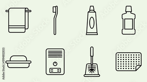 Bathroom Essentials and Personal Hygiene Line Icons Set including Towel Toothbrush Toothpaste Mouthwash Soap and Toilet Brush Vector Illustration
