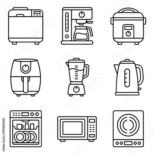 Modern Kitchen Appliances Line Icons Set including Coffee Maker Rice Cooker Air Fryer Blender Kettle Dishwasher and Microwave Vector Illustration
