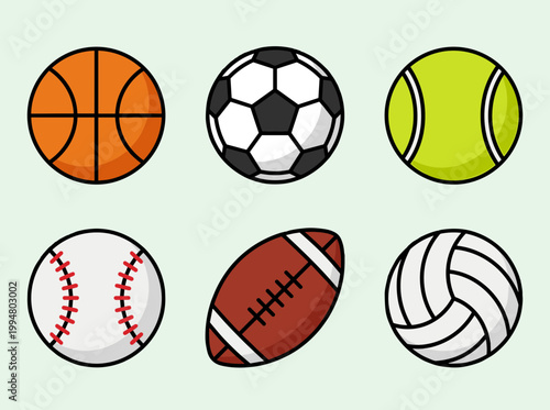 Professional Sports Ball Collection Including Basketball, Soccer, Tennis, Baseball, American Football and Volleyball Equipment Symbols for Athletes