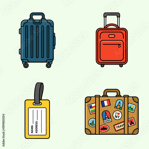 Travel Luggage and Suitcase Icons Set with Luggage Tag, Blue Hardshell Spinner, Red Carry-on Bag and Vintage Travel Trunk with Destination Stickers