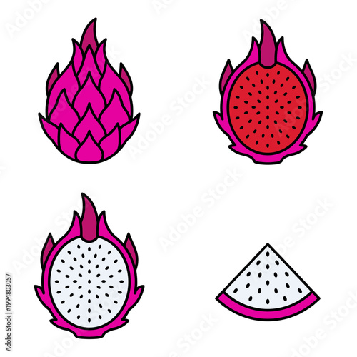Fresh Exotic Dragon Fruit Pitaya Set with Whole Fruit, Half Cut and Quarter Slices, Tropical Pink Skin and White Red Flesh with Seeds Illustration
