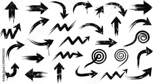 Grunge Arrow Brush Set Featuring Rough Hand Drawn Directional Symbols with Paint Stroke Texture for Urban Design Navigation Signs and Creative Graphic Elements