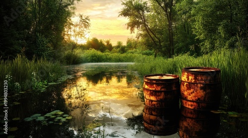Rusty toxic waste barrels leaking into a tranquil waterway at sunset, highlighting environmental damage in a rural setting.