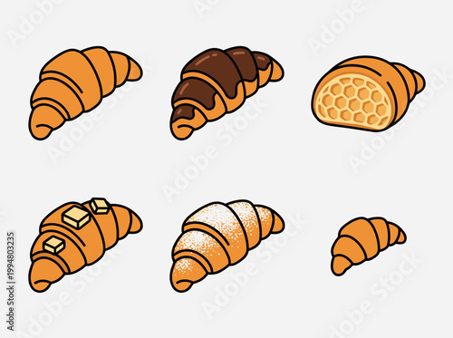 French Bakery Croissant Set with Plain, Chocolate Drizzled, Honeycomb Center, Buttered and Powdered Sugar Pastry Icons for Breakfast Menu Design